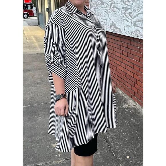 Striped Roll Tab Batwing Sleeve Shirt Dress Ladies Asymmetrical 14‎ 16 18 20 - Picture 1 of 8